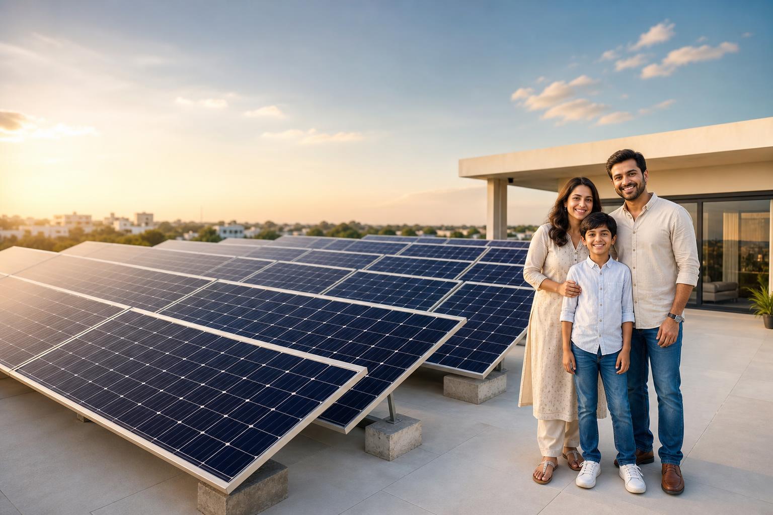 Happy Indian family standing proudly in front of their modern solar-powered home